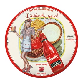 Deliciously Yours: Vintage Hunt's Tomato Catsup Porcelain Sign Featuring a Cheerful Waitress