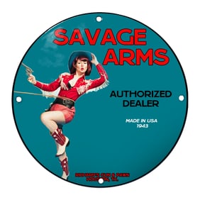 Savage Arms Authorized Dealer Porcelain Sign Featuring Vintage Cowgirl - Made in USA 1943