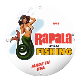 Charming Rapala 'Let's Go Fishing' Porcelain Sign Featuring a Captivating Mermaid Design