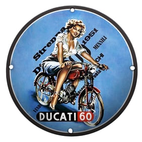 Vibrant Ducati 60 Porcelain Sign Featuring Iconic Female Rider Design