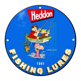 Heddon Fishing Lures Porcelain Sign Featuring Iconic Cartoon Characters