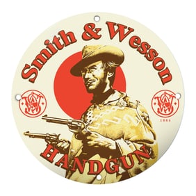Smith & Wesson Handgun Sign Featuring Iconic Western Imagery