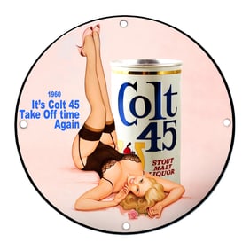 1960 Colt 45 Porcelain Sign: It's Take Off Time Again with Stunning Pin-Up Art