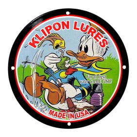Klipon Lures Porcelain Sign Featuring Donald Duck Fishing - A Colorful Classic!