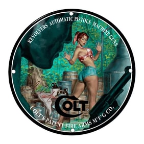 Vivid Porcelain Sign Featuring Colt's Iconic Branding with Retro Pin-Up Art