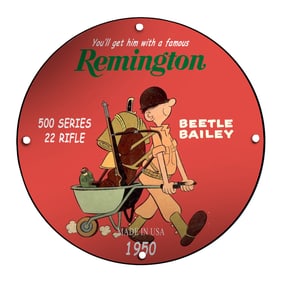 Remington 1950 Porcelain Sign Featuring Beetle Bailey and 22 Rifle Design