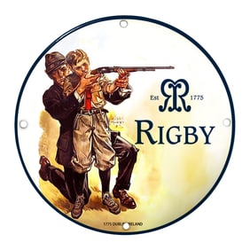 Rigby Porcelain Sign: Iconic Hunting Scene with Bold Typography and Rich Imagery