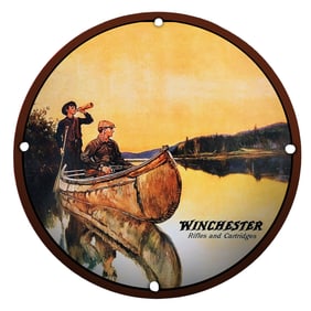 Iconic Winchester Porcelain Sign Featuring Canoeing Hunters in Serene Landscape