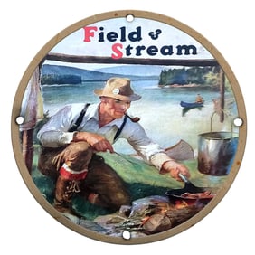 Vintage Field & Stream Porcelain Sign Featuring Fisherman by a Tranquil Lake