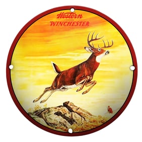 Vintage Winchester Porcelain Sign Featuring Dynamic Leaping Deer Design