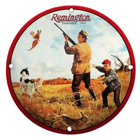 Remington Porcelain Sign: Hunting Heritage with Scenic Landscape & Dynamic Imagery