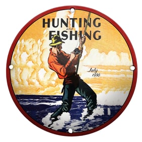 Vibrant Porcelain Sign: Fishing Adventure from July 1930, Hunting and Fishing Theme