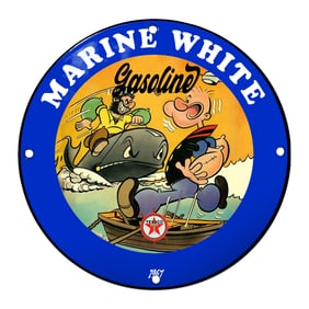 Colorful Marine White Gasoline Porcelain Sign Featuring Iconic Characters