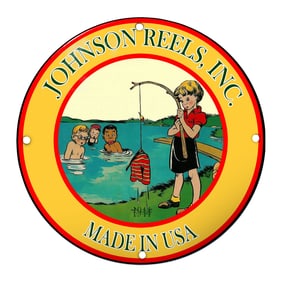 Charming Johnson Reels, Inc. Porcelain Sign Featuring Playful Kids Fishing Scene