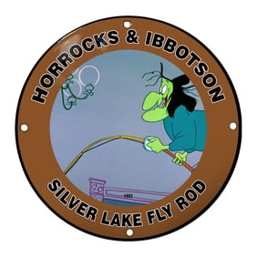 Whimsical 'Silver Lake Fly Rod' Porcelain Sign Featuring Cartoon Witch