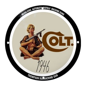 Striking Colt Porcelain Sign Featuring Iconic Imagery and Rich Color Palette - 1946
