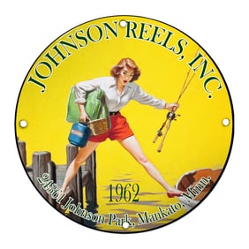 Bright Johnson Reels, Inc. Vintage Porcelain Sign Featuring Fisherwoman from 1962
