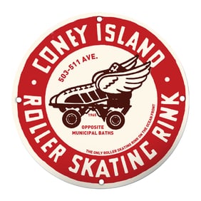 Vibrant Coney Island Roller Skating Rink Porcelain Sign with Iconic Winged Skate Design