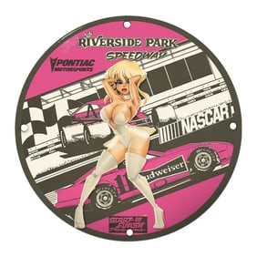 NASCAR-Inspired Riverside Park Speedway Porcelain Sign with Playful Pin-Up Art