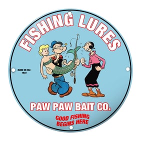 Vintage 1934 Fishing Lures Sign by Paw Paw Bait Co. Featuring Iconic Characters