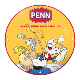 Colorful 1933 Penn Fishing Tackle Sign Featuring Iconic Cartoon Fisherman