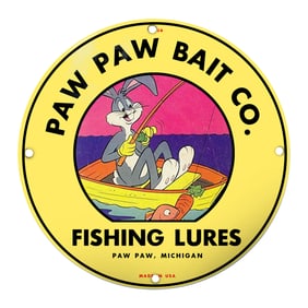 Colorful Paw Paw Bait Co. Fishing Lures Porcelain Sign Featuring Classic Cartoon Imagery
