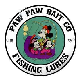Whimsical Paw Paw Bait Co Porcelain Sign Featuring Classic Disney Characters - 1939