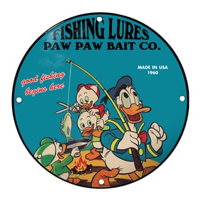 Charming Paw Paw Bait Co. Fishing Lures Porcelain Sign Featuring Disney Characters