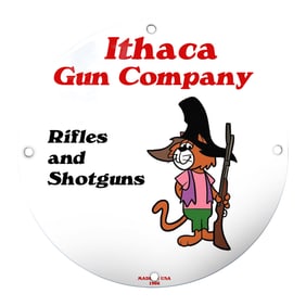 Charming Ithaca Gun Company Porcelain Sign Featuring Cartoon Cat Mascot