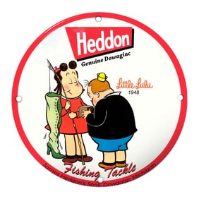 Heddon Fishing Tackle Sign Featuring Little Lulu - Colorful Vintage Imagery