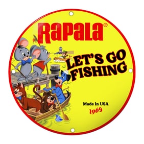 Vintage Rapala Fishing Sign Featuring Whimsical Cartoon Characters and Bright Colors