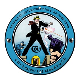 Colt Firearms Porcelain Sign: Iconic Revolvers & Dramatic Action Scene