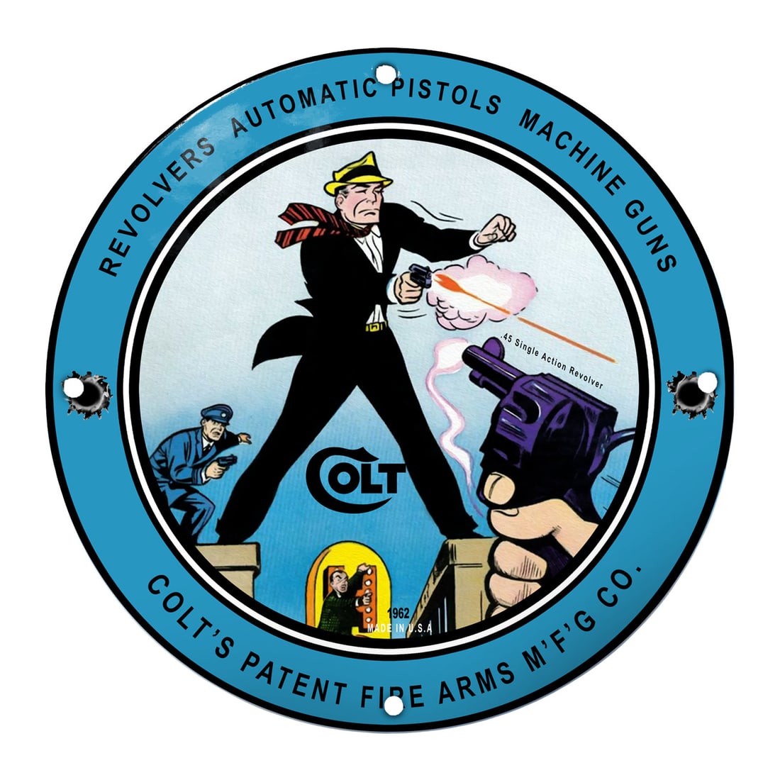 Colt Firearms Porcelain Sign: Iconic Revolvers & Dramatic Action Scene: Step into the world of classic firearms with this captivating Colt porcelain sign, a vivid tribute to the legacy of Colt's Patent Fire Arms M?F?G Co. The sign features a striking central illustration