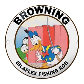 Browning Silaflex Fishing Rod Porcelain Sign Featuring Donald Duck