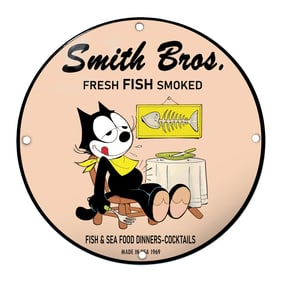 Charming Smith Bros. Fresh Fish Smoked Porcelain Sign Featuring a Playful Cat Chef