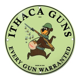 Ithaca Guns Bear with Honey: An Illustrated Porcelain Sign from 1961