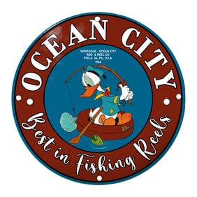 Charming 'Ocean City' Fishing Reels Porcelain Sign Featuring Iconic Duck Character