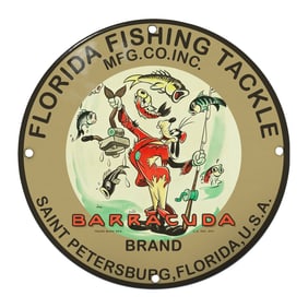 Colorful Porcelain Fishing Sign Featuring Playful Cartoon Mascot for Barracuda Brand