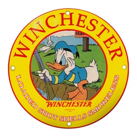 Winchester Porcelain Sign Featuring Donald Duck - Charming Outdoor Scene