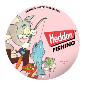Vintage Heddon Fishing Porcelain Sign Featuring Iconic Cartoon Characters