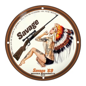 Striking Savage '69 Porcelain Sign Featuring Iconic Imagery and Bold Text