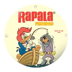 Rapala Fishing Sign Featuring Classic Woody Woodpecker Illustration - 1940 Design