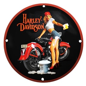 Bold Harley-Davidson Porcelain Sign Featuring Retro Pin-Up and Classic Motorcycle