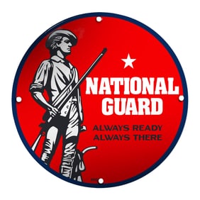 Striking Porcelain National Guard Sign with Historical Imagery and Bold Colors