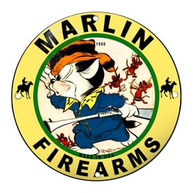 Vintage Marlin Firearms Porcelain Sign Featuring Cartoon Character in Action