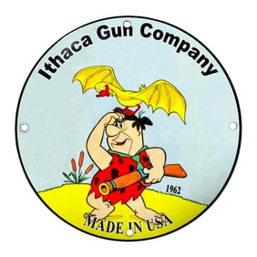 Ithaca Gun Company Porcelain Sign Featuring Cartoon Characters in Playful Scene