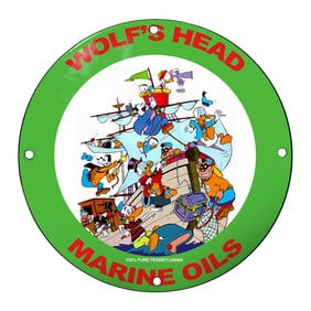 Vibrant Porcelain Sign: Wolf's Head Marine Oils with Animated Nautical Adventure