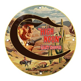 Colt's 'High Noon' Porcelain Sign Featuring Gary Cooper in Iconic Western Scene