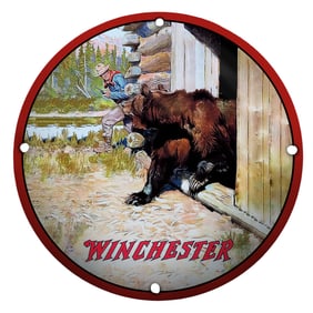 Winchester Porcelain Sign: Majestic Bear and Hunter Artwork Captivating Nature's Spirit