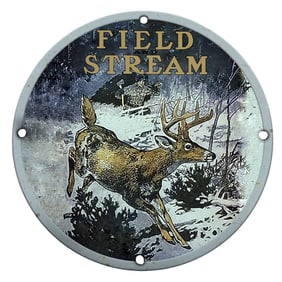 Vintage Field & Stream Wildlife Porcelain Sign - Majestic Deer in Winter Landscape